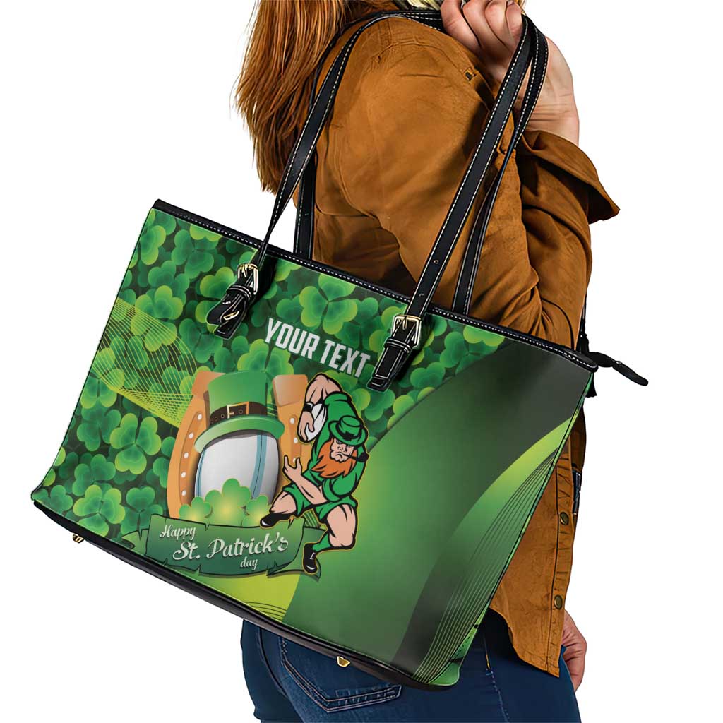 St Patrick's Day Ireland Rugby Custom Leather Tote Bag Leprechaun Mascot Irish Shamrock Pattern - Wonder Print Shop