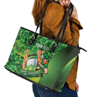 St Patrick's Day Ireland Rugby Custom Leather Tote Bag Leprechaun Mascot Irish Shamrock Pattern - Wonder Print Shop