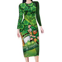 St Patrick's Day Ireland Rugby Custom Long Sleeve Bodycon Dress Leprechaun Mascot Irish Shamrock Pattern - Wonder Print Shop