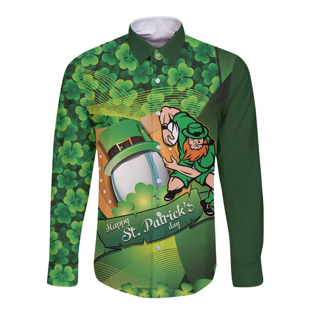 St Patrick's Day Ireland Rugby Custom Long Sleeve Button Shirt Leprechaun Mascot Irish Shamrock Pattern - Wonder Print Shop