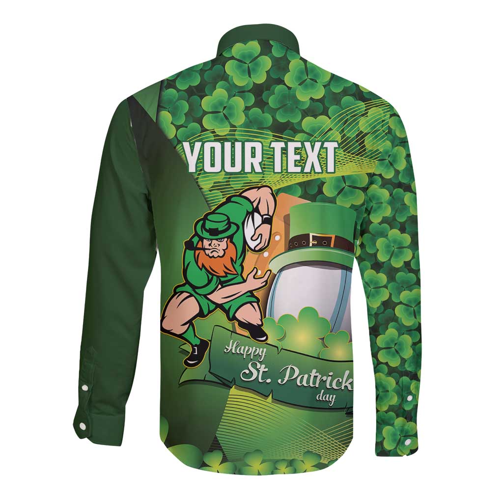 St Patrick's Day Ireland Rugby Custom Long Sleeve Button Shirt Leprechaun Mascot Irish Shamrock Pattern - Wonder Print Shop