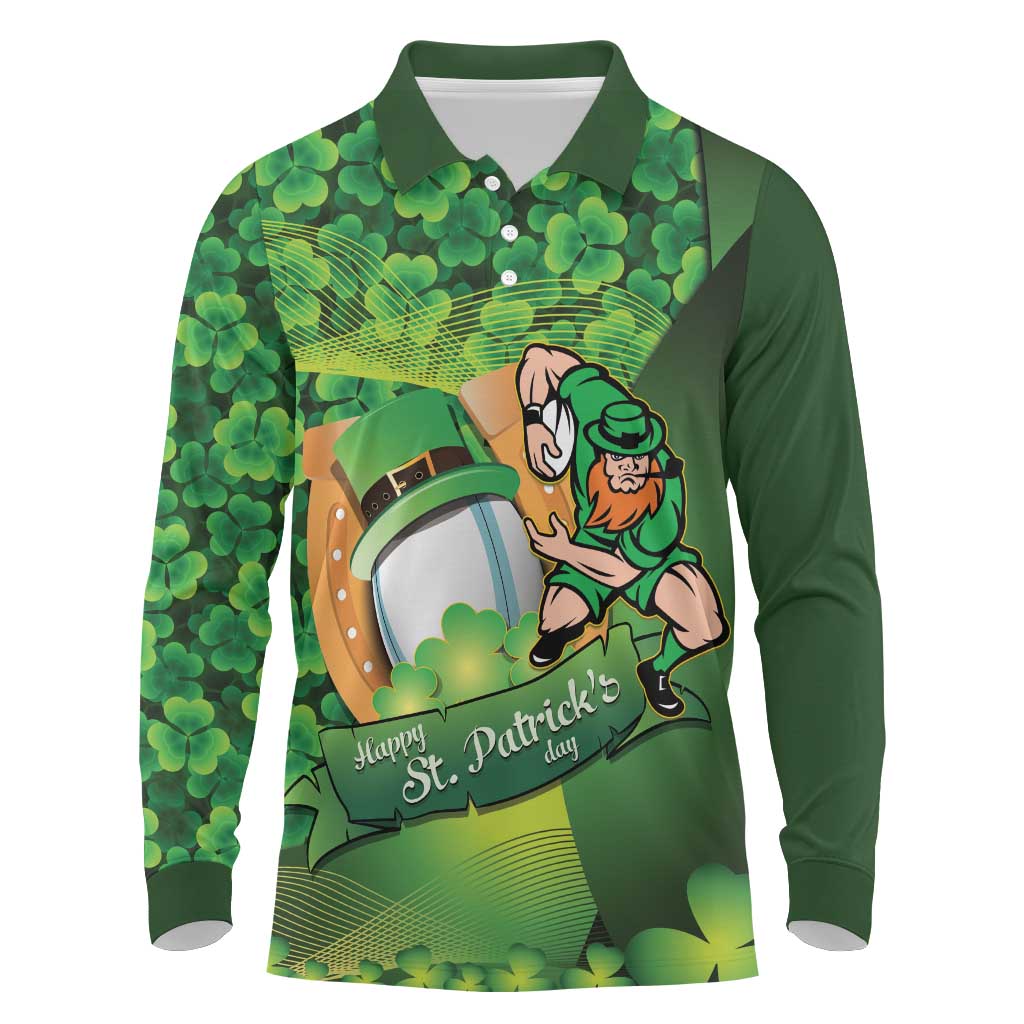 St Patrick's Day Ireland Rugby Custom Long Sleeve Polo Shirt Leprechaun Mascot Irish Shamrock Pattern - Wonder Print Shop