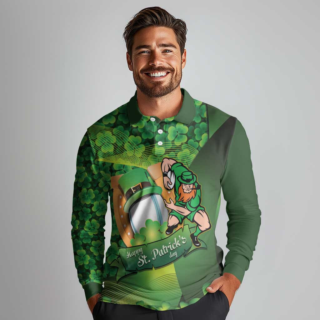 St Patrick's Day Ireland Rugby Custom Long Sleeve Polo Shirt Leprechaun Mascot Irish Shamrock Pattern - Wonder Print Shop