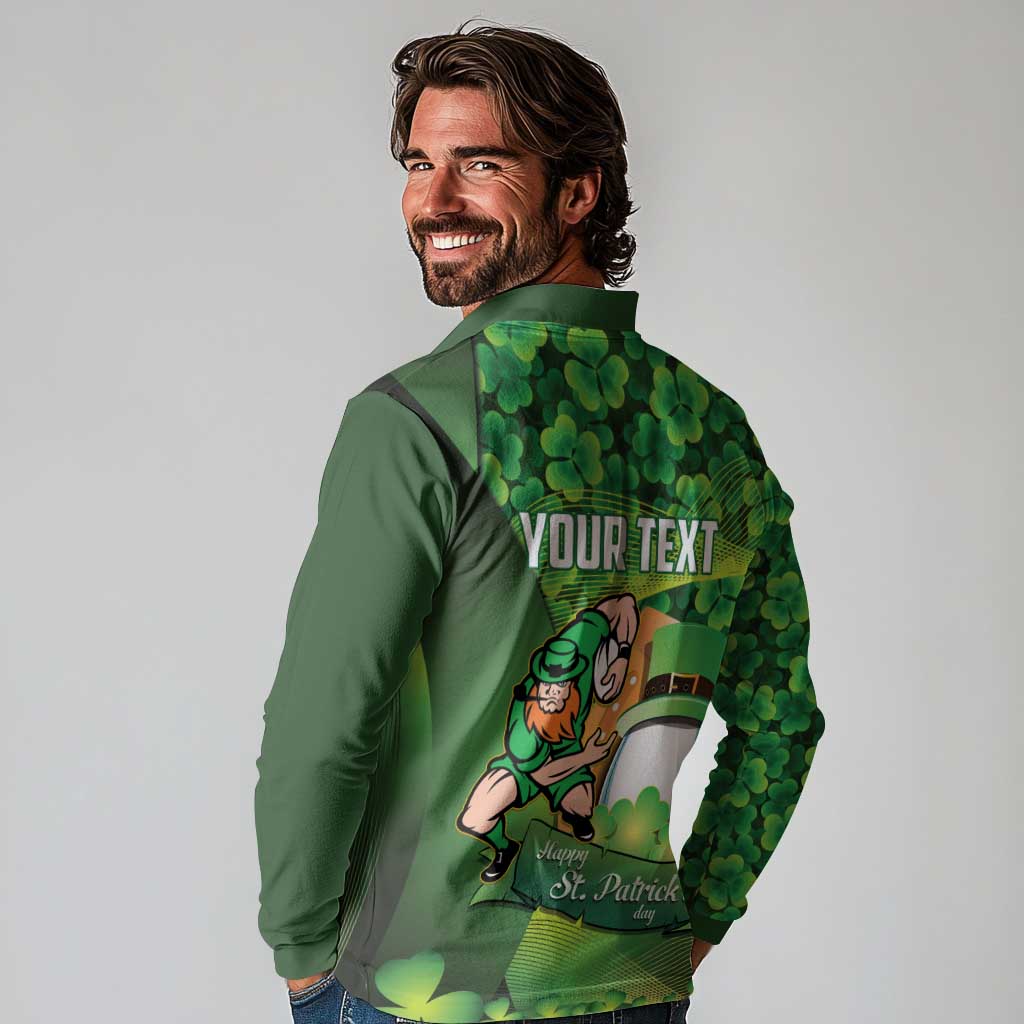 St Patrick's Day Ireland Rugby Custom Long Sleeve Polo Shirt Leprechaun Mascot Irish Shamrock Pattern - Wonder Print Shop