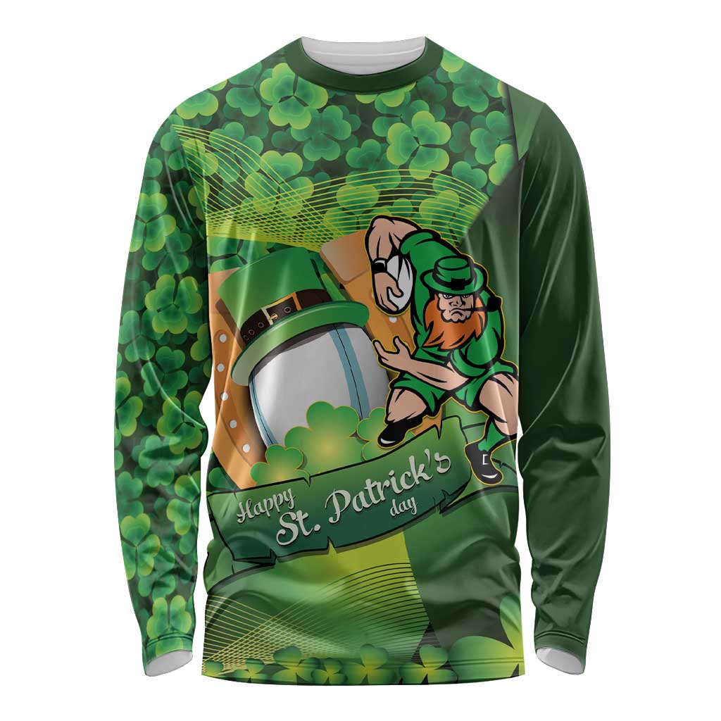 St Patrick's Day Ireland Rugby Custom Long Sleeve Shirt Leprechaun Mascot Irish Shamrock Pattern - Wonder Print Shop