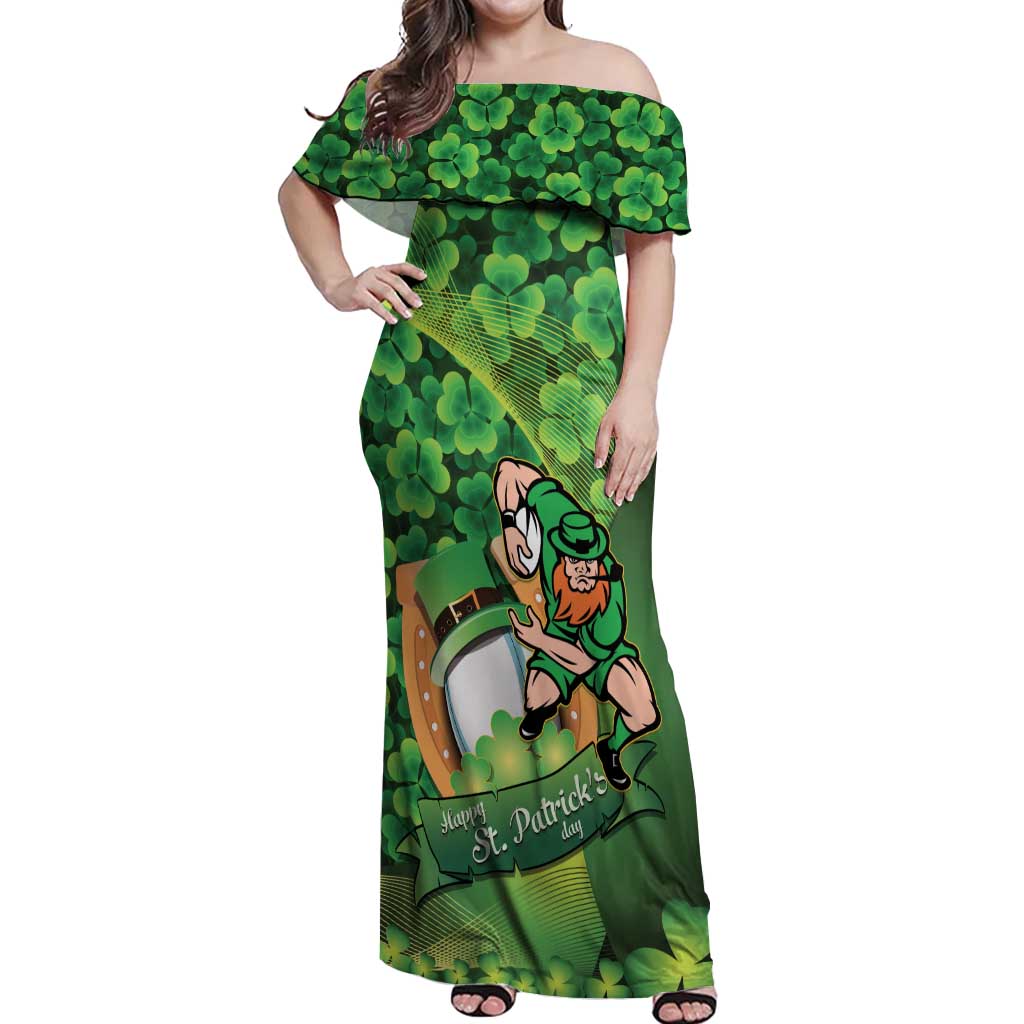 St Patrick's Day Ireland Rugby Custom Off Shoulder Maxi Dress Leprechaun Mascot Irish Shamrock Pattern - Wonder Print Shop