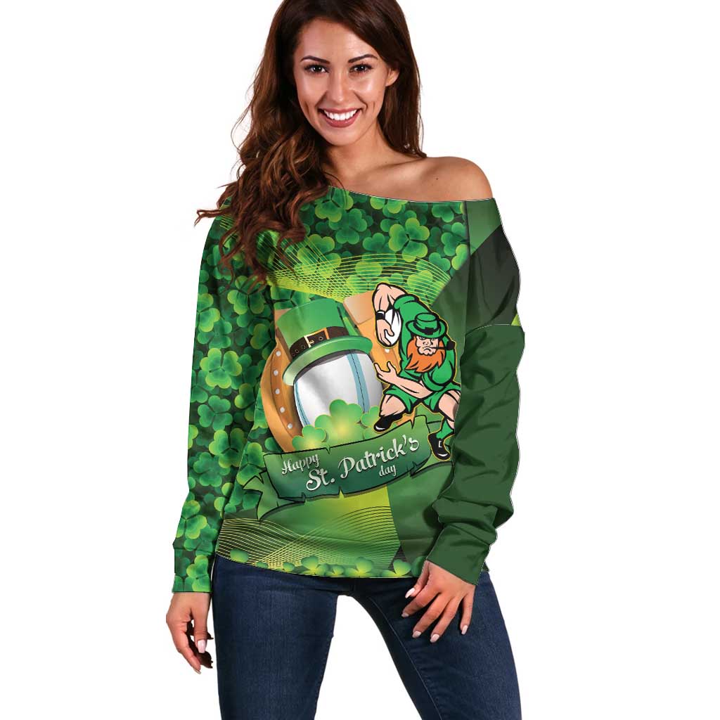 St Patrick's Day Ireland Rugby Custom Off Shoulder Sweater Leprechaun Mascot Irish Shamrock Pattern - Wonder Print Shop