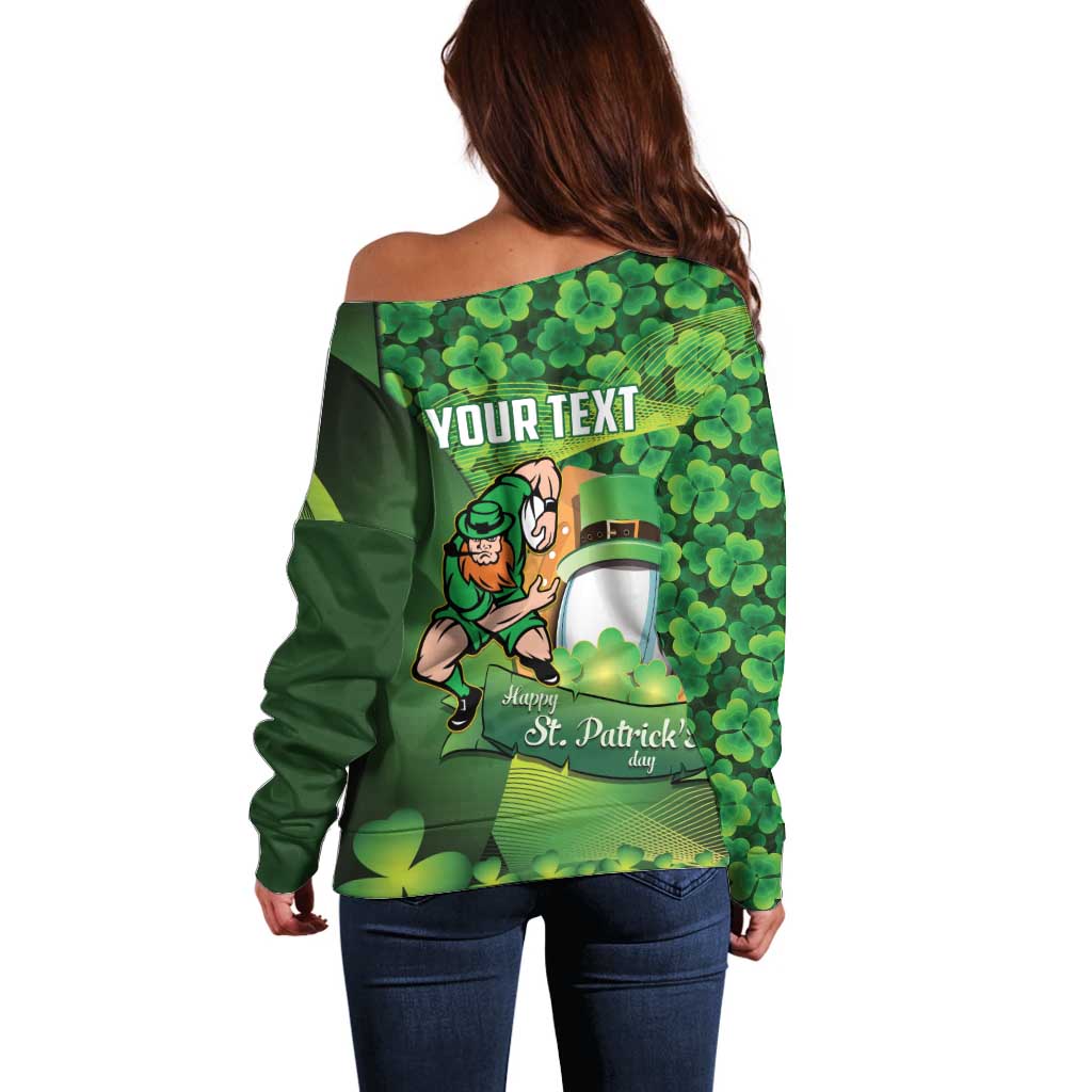 St Patrick's Day Ireland Rugby Custom Off Shoulder Sweater Leprechaun Mascot Irish Shamrock Pattern - Wonder Print Shop