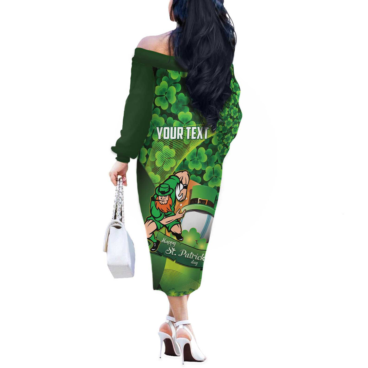 St Patrick's Day Ireland Rugby Custom Off The Shoulder Long Sleeve Dress Leprechaun Mascot Irish Shamrock Pattern - Wonder Print Shop