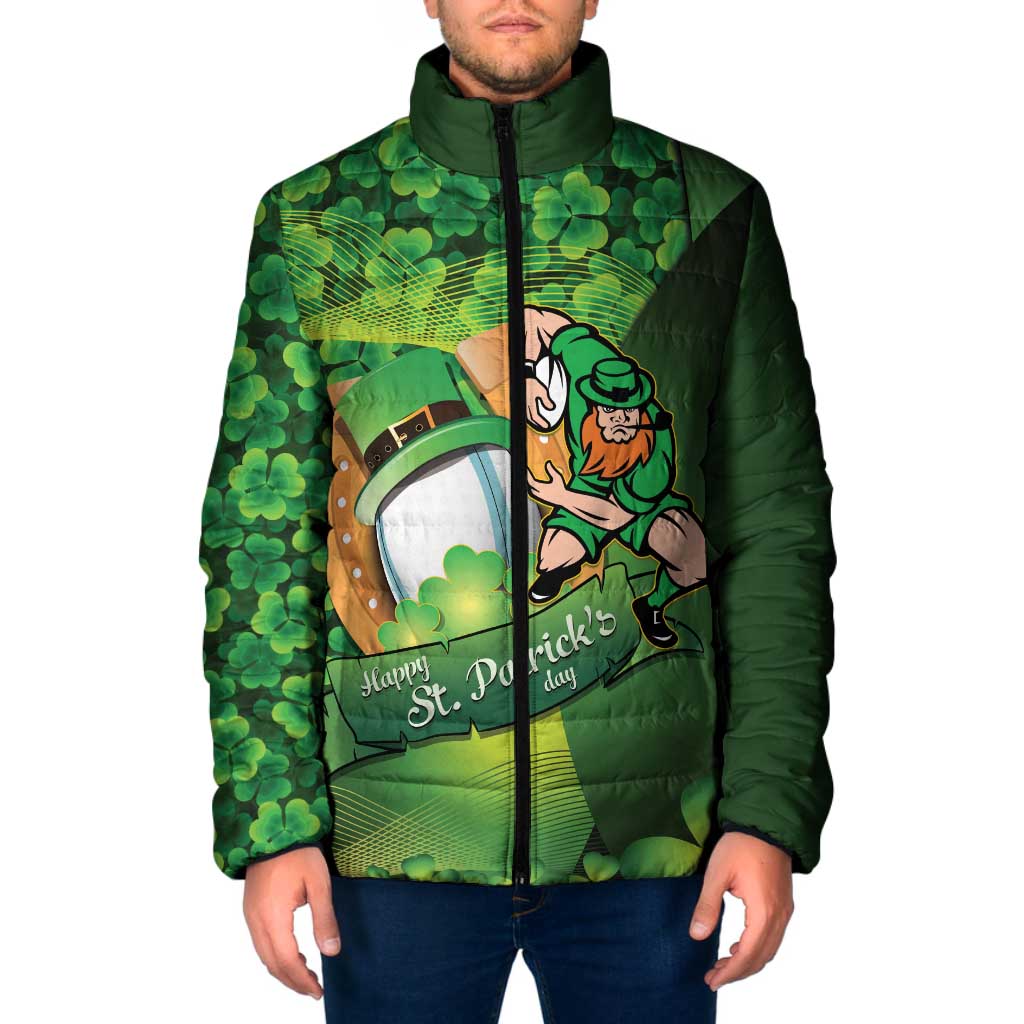 St Patrick's Day Ireland Rugby Custom Padded Jacket Leprechaun Mascot Irish Shamrock Pattern - Wonder Print Shop