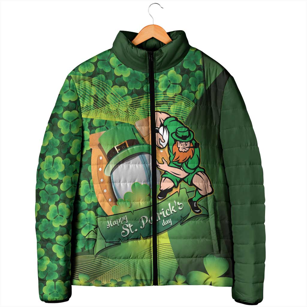 St Patrick's Day Ireland Rugby Custom Padded Jacket Leprechaun Mascot Irish Shamrock Pattern - Wonder Print Shop