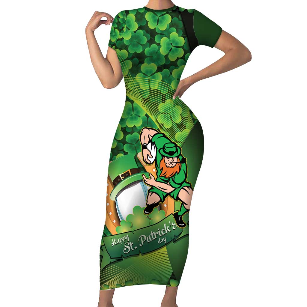 St Patrick's Day Ireland Rugby Custom Short Sleeve Bodycon Dress Leprechaun Mascot Irish Shamrock Pattern - Wonder Print Shop