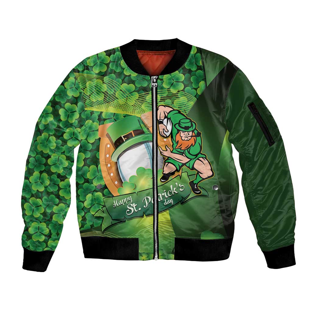 St Patrick's Day Ireland Rugby Custom Sleeve Zip Bomber Jacket Leprechaun Mascot Irish Shamrock Pattern - Wonder Print Shop