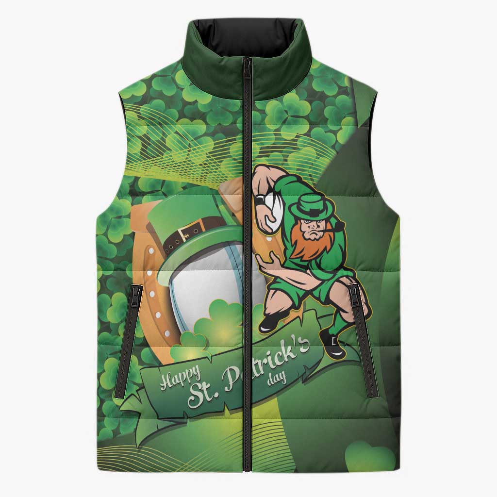 St Patrick's Day Ireland Rugby Custom Sleeveless Puffer Jacket Leprechaun Mascot Irish Shamrock Pattern - Wonder Print Shop