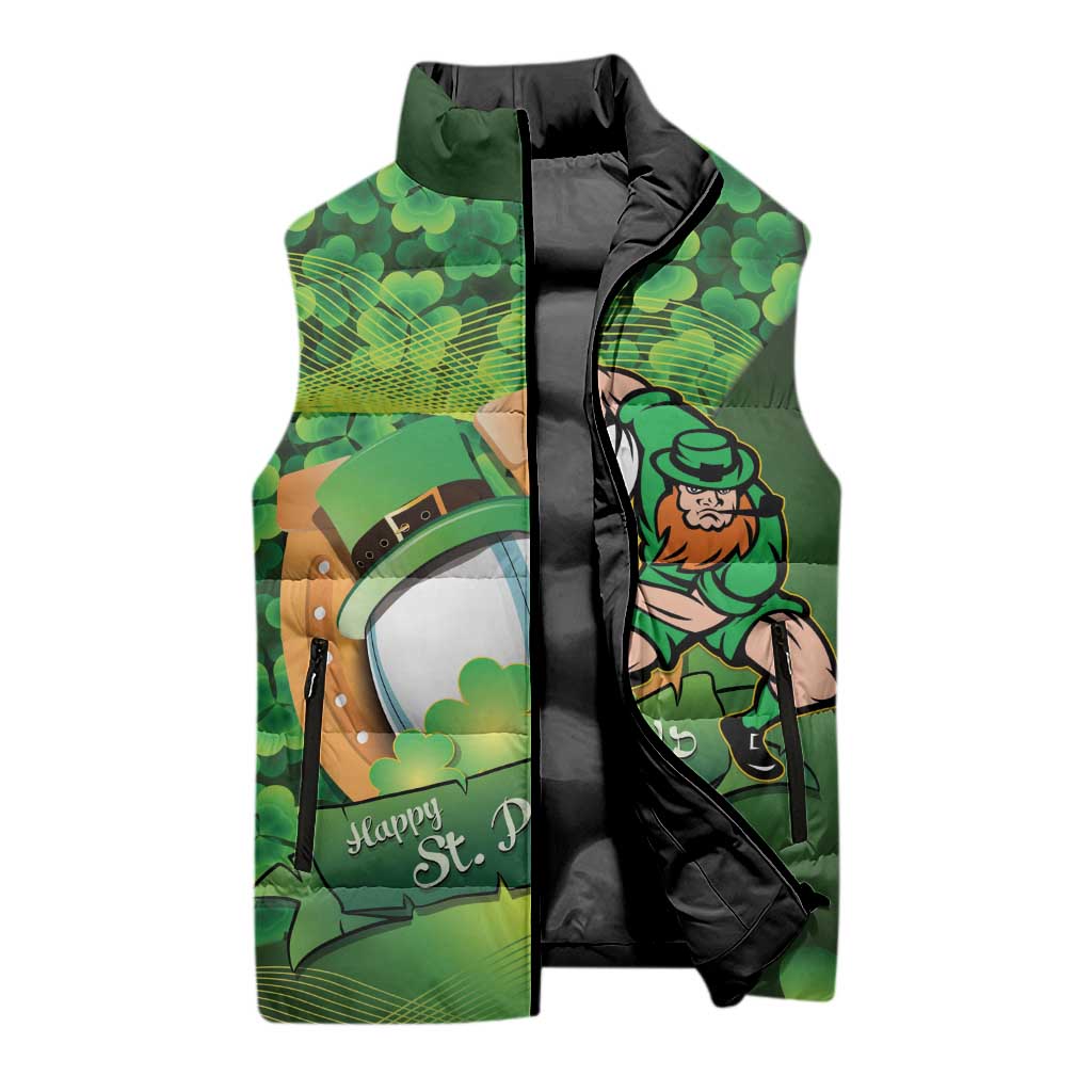 St Patrick's Day Ireland Rugby Custom Sleeveless Puffer Jacket Leprechaun Mascot Irish Shamrock Pattern - Wonder Print Shop