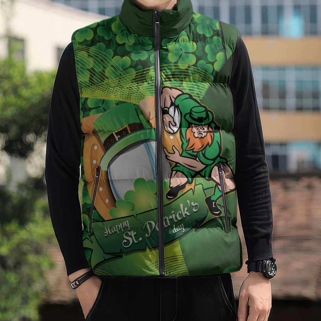 St Patrick's Day Ireland Rugby Custom Sleeveless Puffer Jacket Leprechaun Mascot Irish Shamrock Pattern - Wonder Print Shop