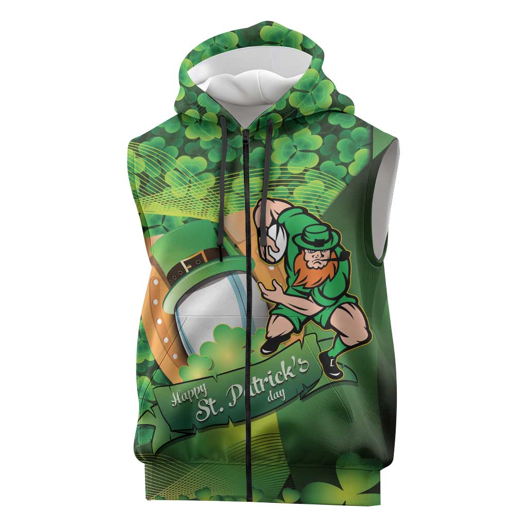 St Patrick's Day Ireland Rugby Custom Sleeveless Zip Hoodie Leprechaun Mascot Irish Shamrock Pattern - Wonder Print Shop