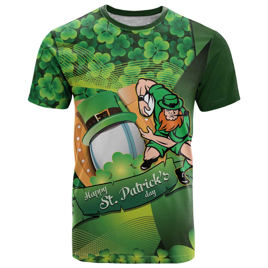 St Patrick's Day Ireland Rugby Custom T Shirt Leprechaun Mascot Irish Shamrock Pattern - Wonder Print Shop