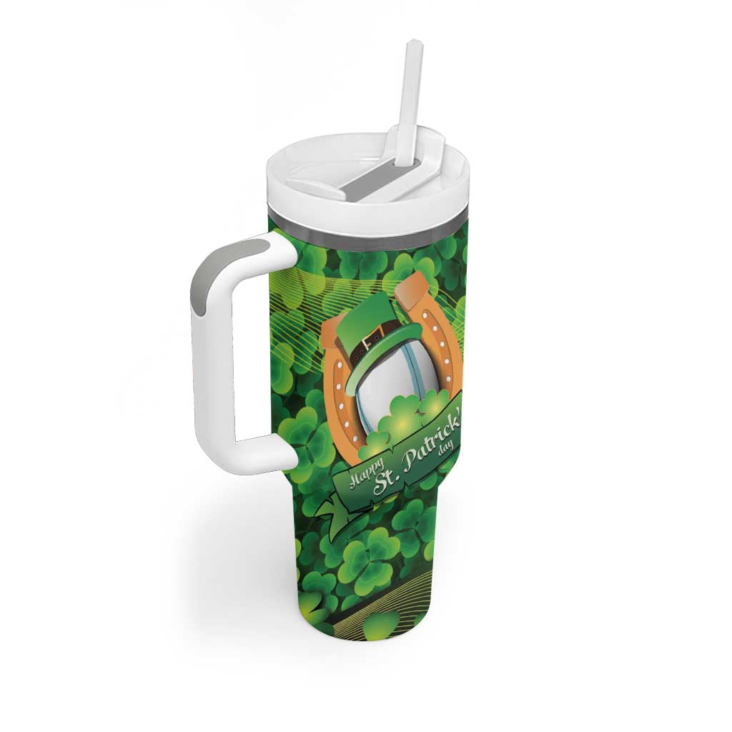 St Patrick's Day Ireland Rugby Custom Tumbler With Handle Leprechaun Mascot Irish Shamrock Pattern - Wonder Print Shop
