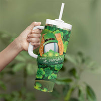 St Patrick's Day Ireland Rugby Custom Tumbler With Handle Leprechaun Mascot Irish Shamrock Pattern - Wonder Print Shop