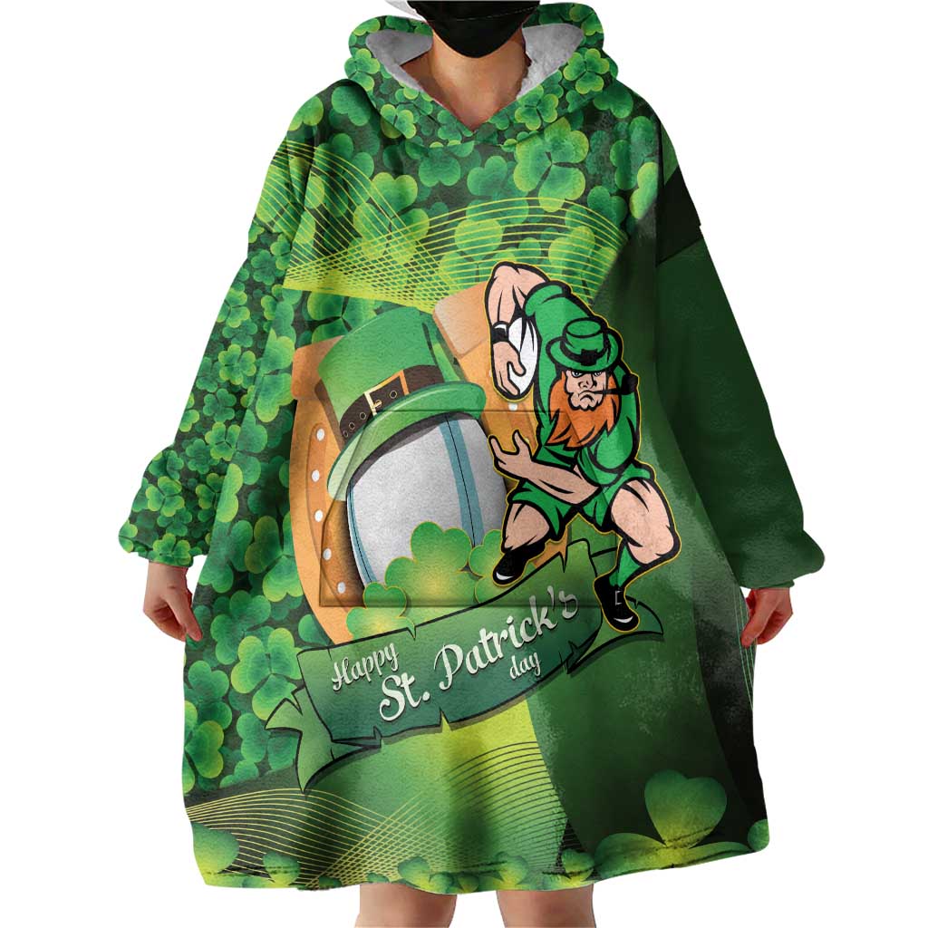 St Patrick's Day Ireland Rugby Custom Wearable Blanket Hoodie Leprechaun Mascot Irish Shamrock Pattern - Wonder Print Shop