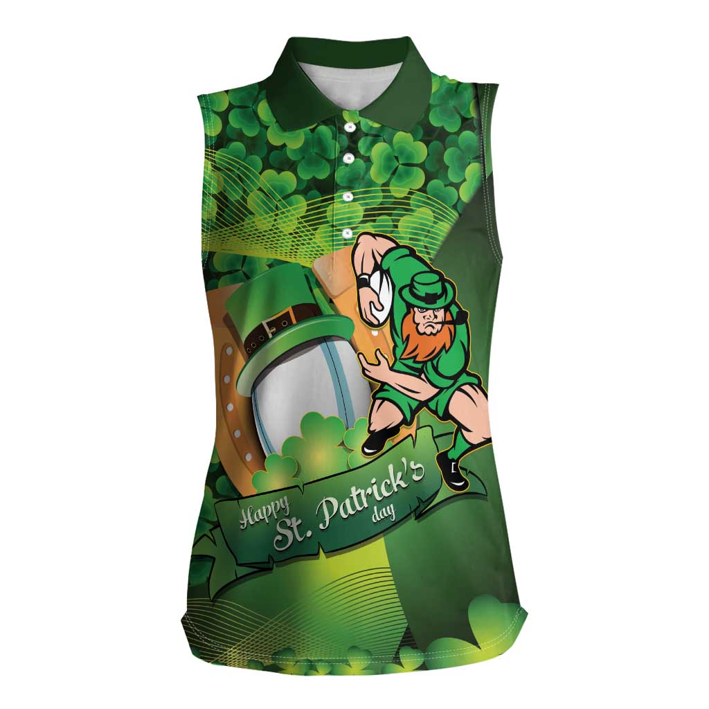 St Patrick's Day Ireland Rugby Custom Women Sleeveless Polo Shirt Leprechaun Mascot Irish Shamrock Pattern - Wonder Print Shop