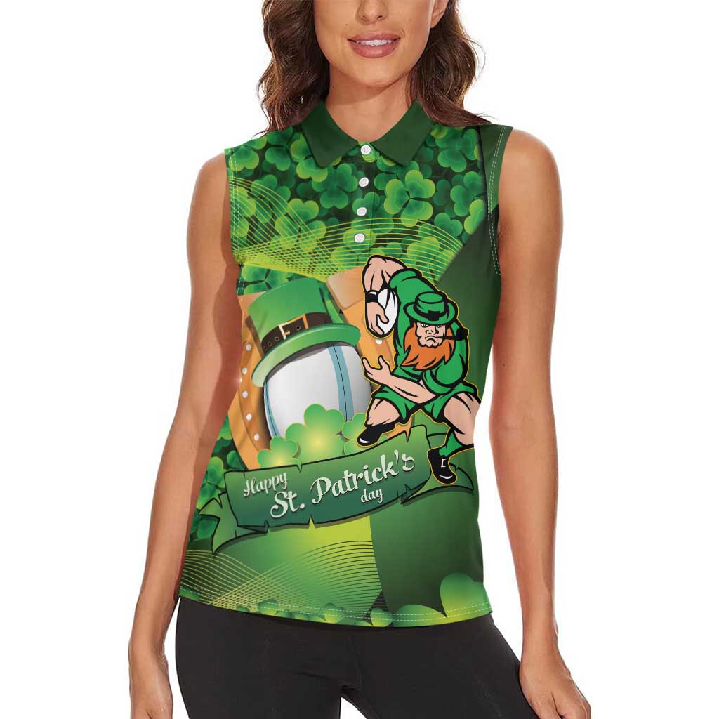 St Patrick's Day Ireland Rugby Custom Women Sleeveless Polo Shirt Leprechaun Mascot Irish Shamrock Pattern - Wonder Print Shop