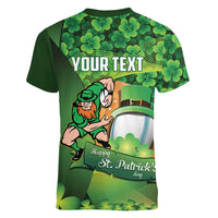 St Patrick's Day Ireland Rugby Custom Women V-Neck T-Shirt Leprechaun Mascot Irish Shamrock Pattern - Wonder Print Shop