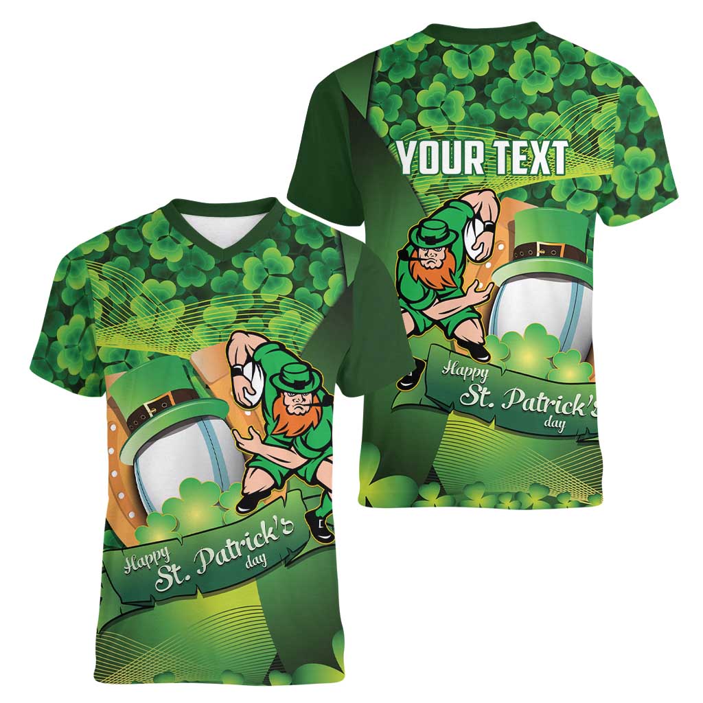 St Patrick's Day Ireland Rugby Custom Women V-Neck T-Shirt Leprechaun Mascot Irish Shamrock Pattern - Wonder Print Shop