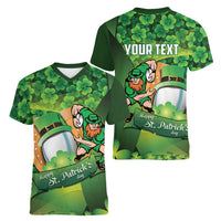 St Patrick's Day Ireland Rugby Custom Women V-Neck T-Shirt Leprechaun Mascot Irish Shamrock Pattern - Wonder Print Shop