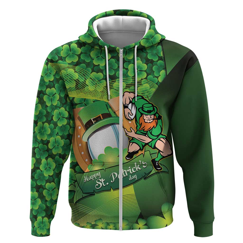 St Patrick's Day Ireland Rugby Custom Zip Hoodie Leprechaun Mascot Irish Shamrock Pattern - Wonder Print Shop