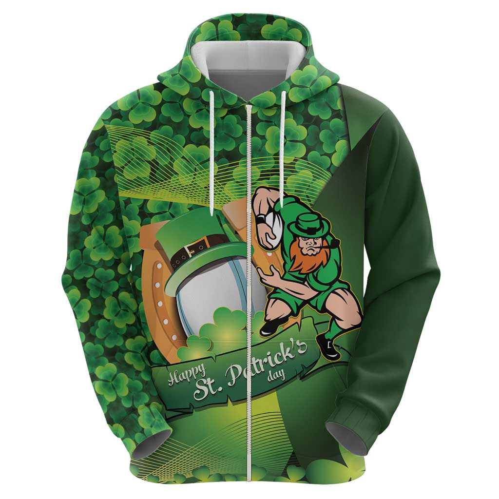 St Patrick's Day Ireland Rugby Custom Zip Hoodie Leprechaun Mascot Irish Shamrock Pattern - Wonder Print Shop