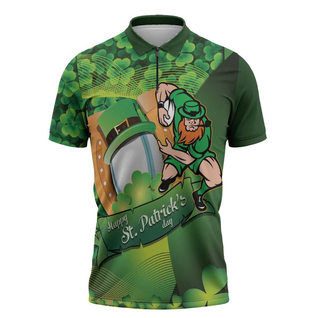 St Patrick's Day Ireland Rugby Custom Zipper Polo Shirt Leprechaun Mascot Irish Shamrock Pattern - Wonder Print Shop