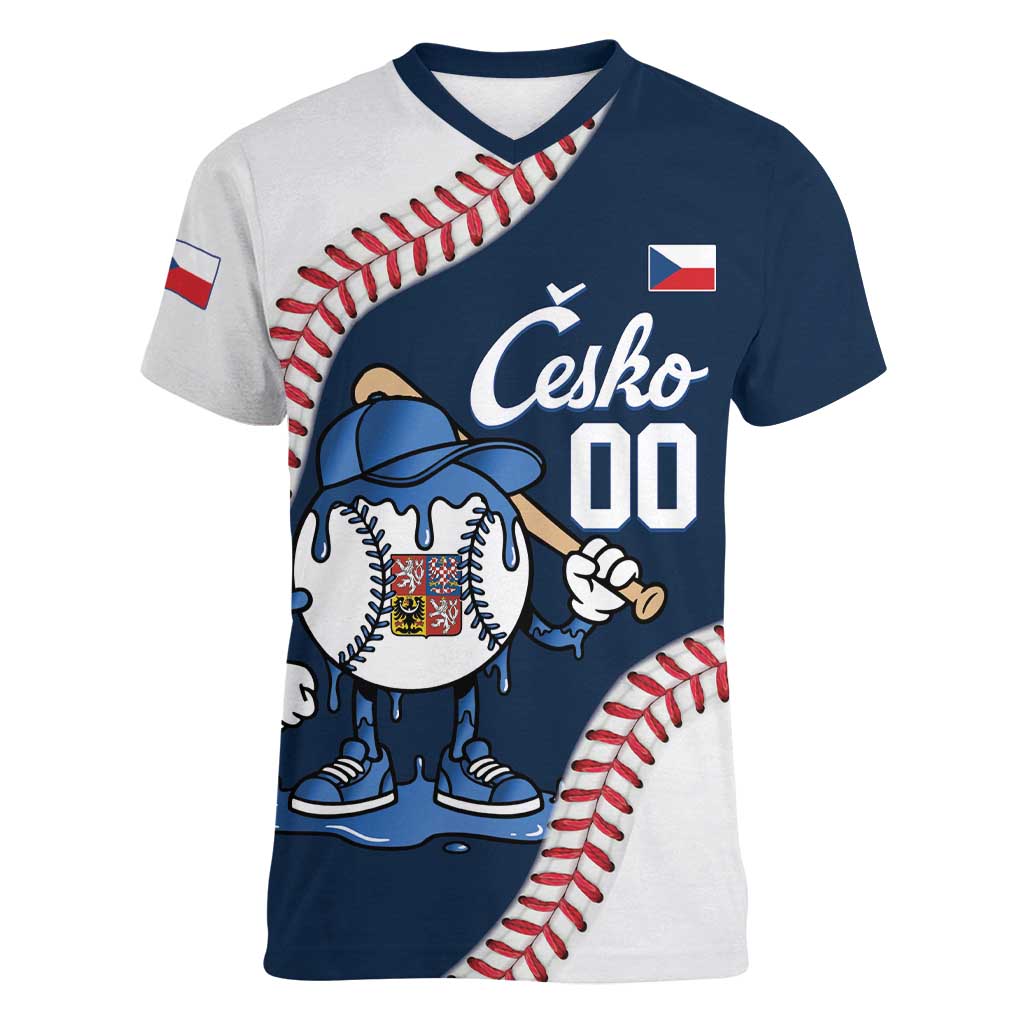 Czech Republic 2026 Baseball Custom Women V-Neck T-Shirt Go Cesko Drip Style