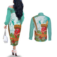 Hawaii Cinco de Mayo Couples Matching Off The Shoulder Long Sleeve Dress and Long Sleeve Button Shirt Chili Pepper Hula Girl Tropical Vibes