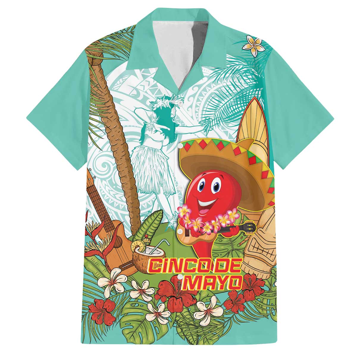 Hawaii Cinco de Mayo Family Matching Off The Shoulder Long Sleeve Dress and Hawaiian Shirt Chili Pepper Hula Girl Tropical Vibes
