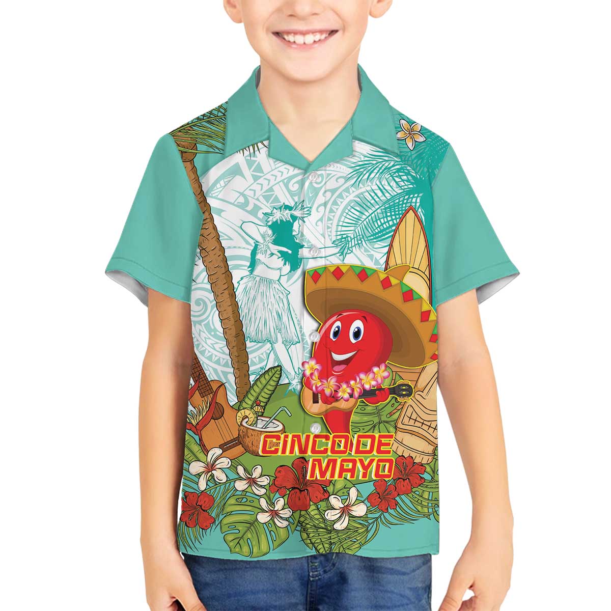 Hawaii Cinco de Mayo Family Matching Off The Shoulder Long Sleeve Dress and Hawaiian Shirt Chili Pepper Hula Girl Tropical Vibes