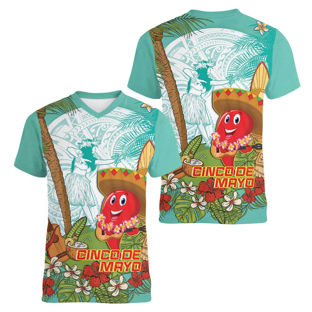 Hawaii Cinco de Mayo Women V-Neck T-Shirt Chili Pepper Hula Girl Tropical Vibes