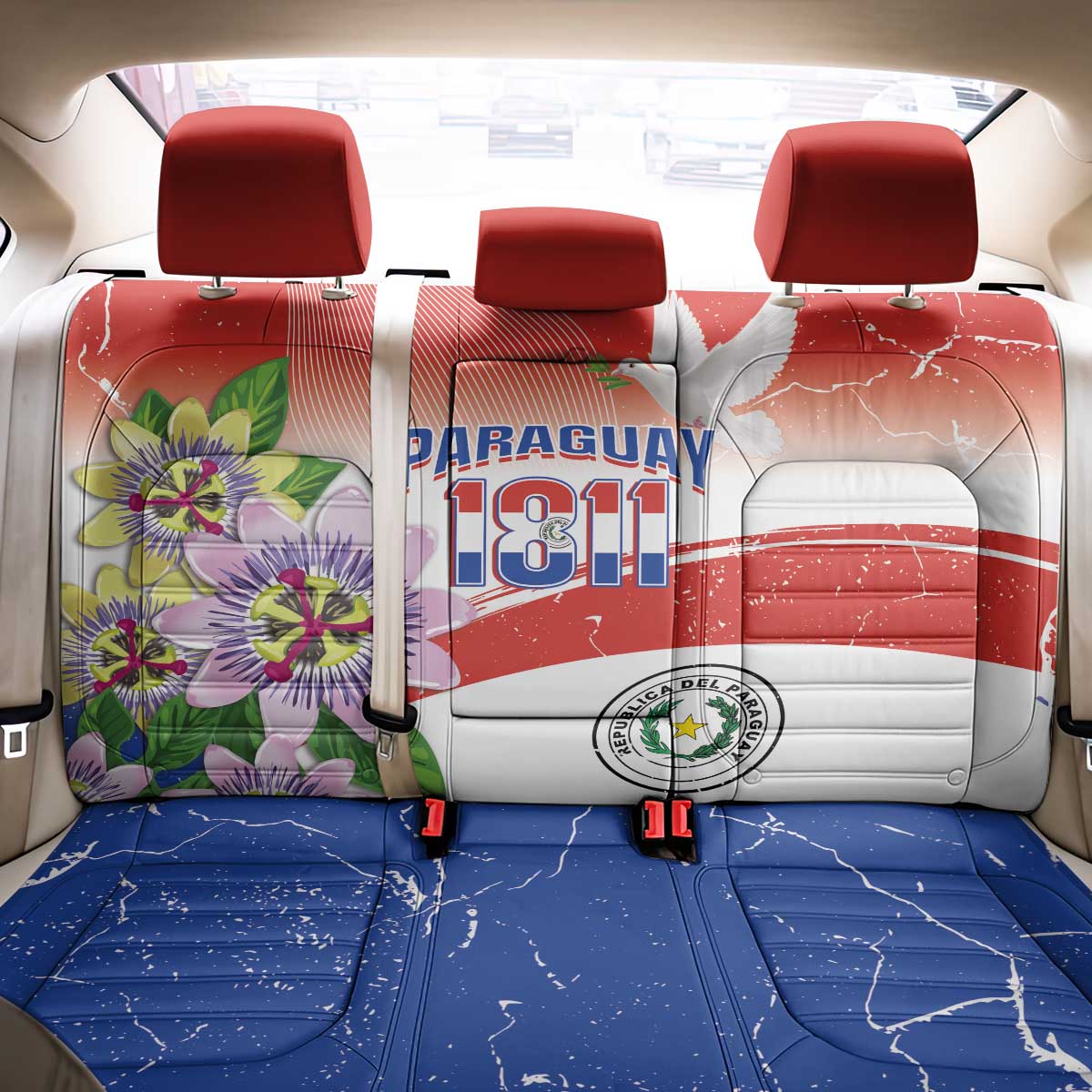 Paraguay 1811 Independence Day Back Car Seat Cover Grunge Flag Mix Passion Flowers