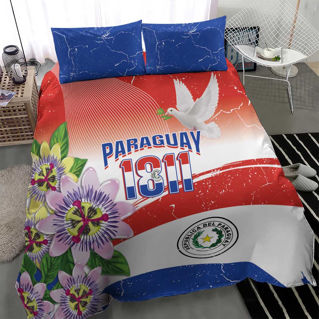 Paraguay 1811 Independence Day Bedding Set Grunge Flag Mix Passion Flowers