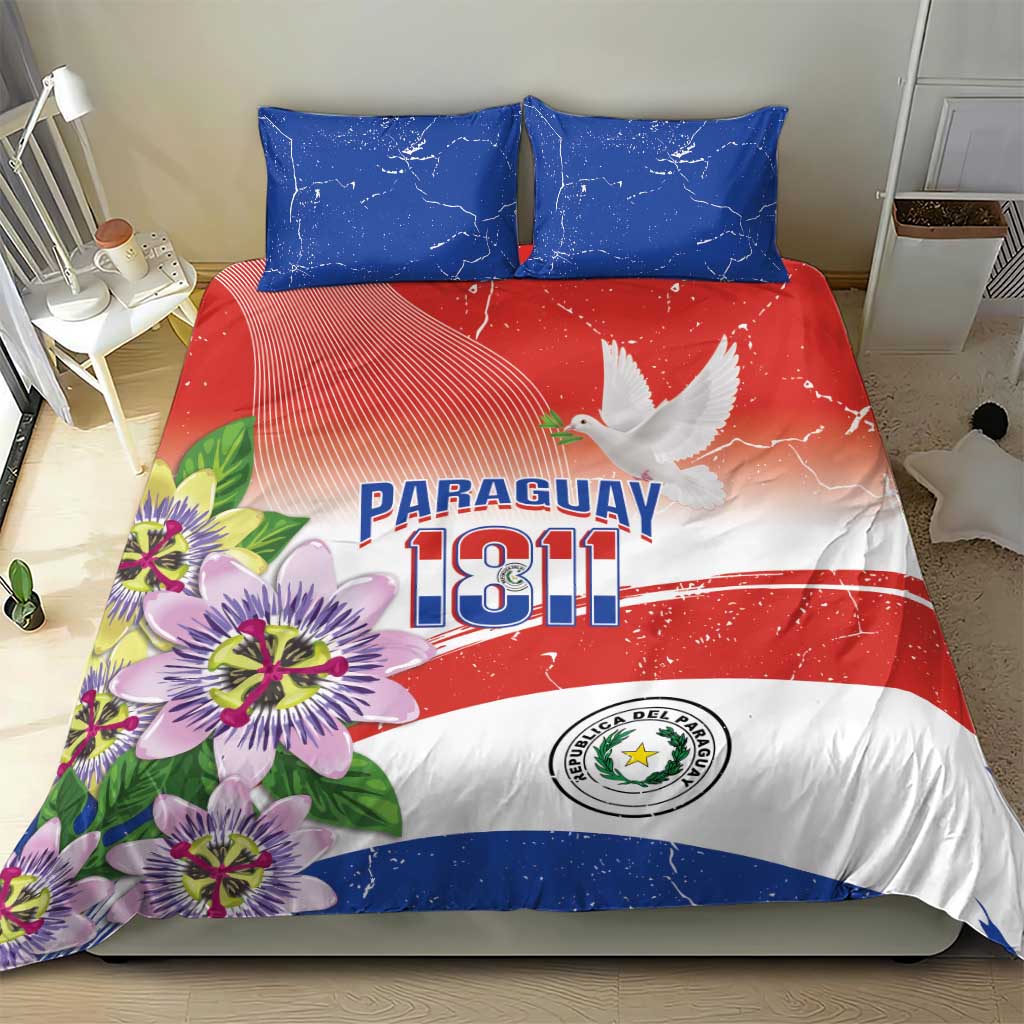 Paraguay 1811 Independence Day Bedding Set Grunge Flag Mix Passion Flowers