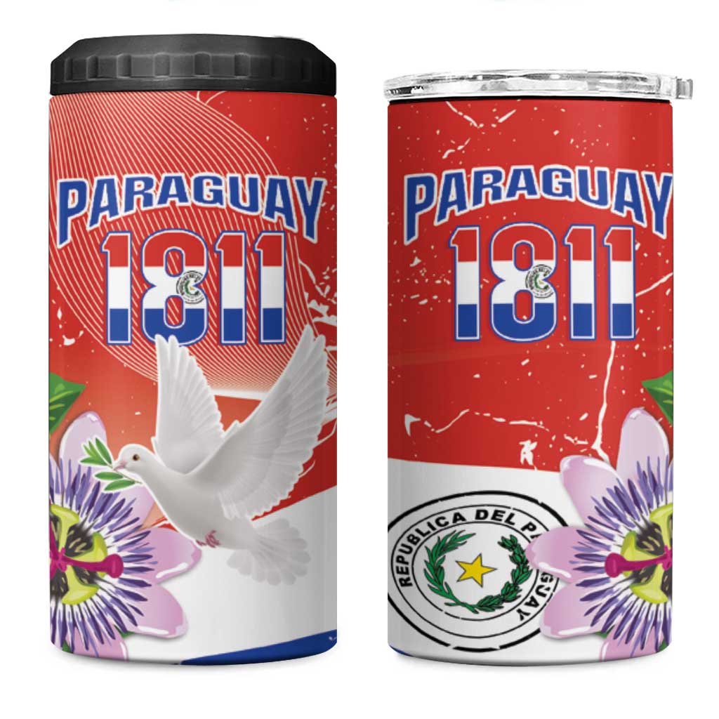 Paraguay 1811 Independence Day 4 in 1 Can Cooler Tumbler Grunge Flag Mix Passion Flowers