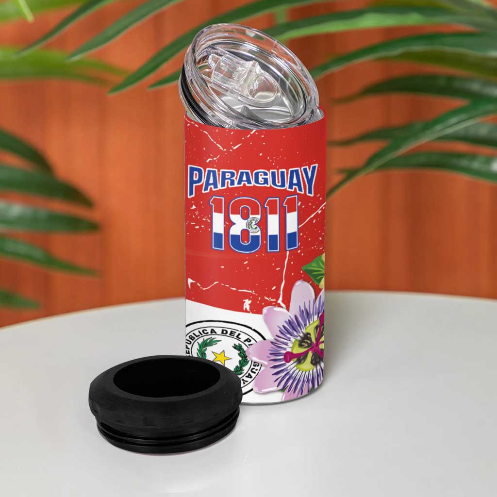Paraguay 1811 Independence Day 4 in 1 Can Cooler Tumbler Grunge Flag Mix Passion Flowers