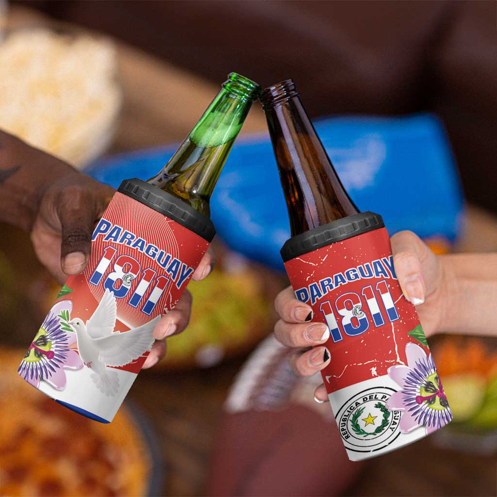 Paraguay 1811 Independence Day 4 in 1 Can Cooler Tumbler Grunge Flag Mix Passion Flowers