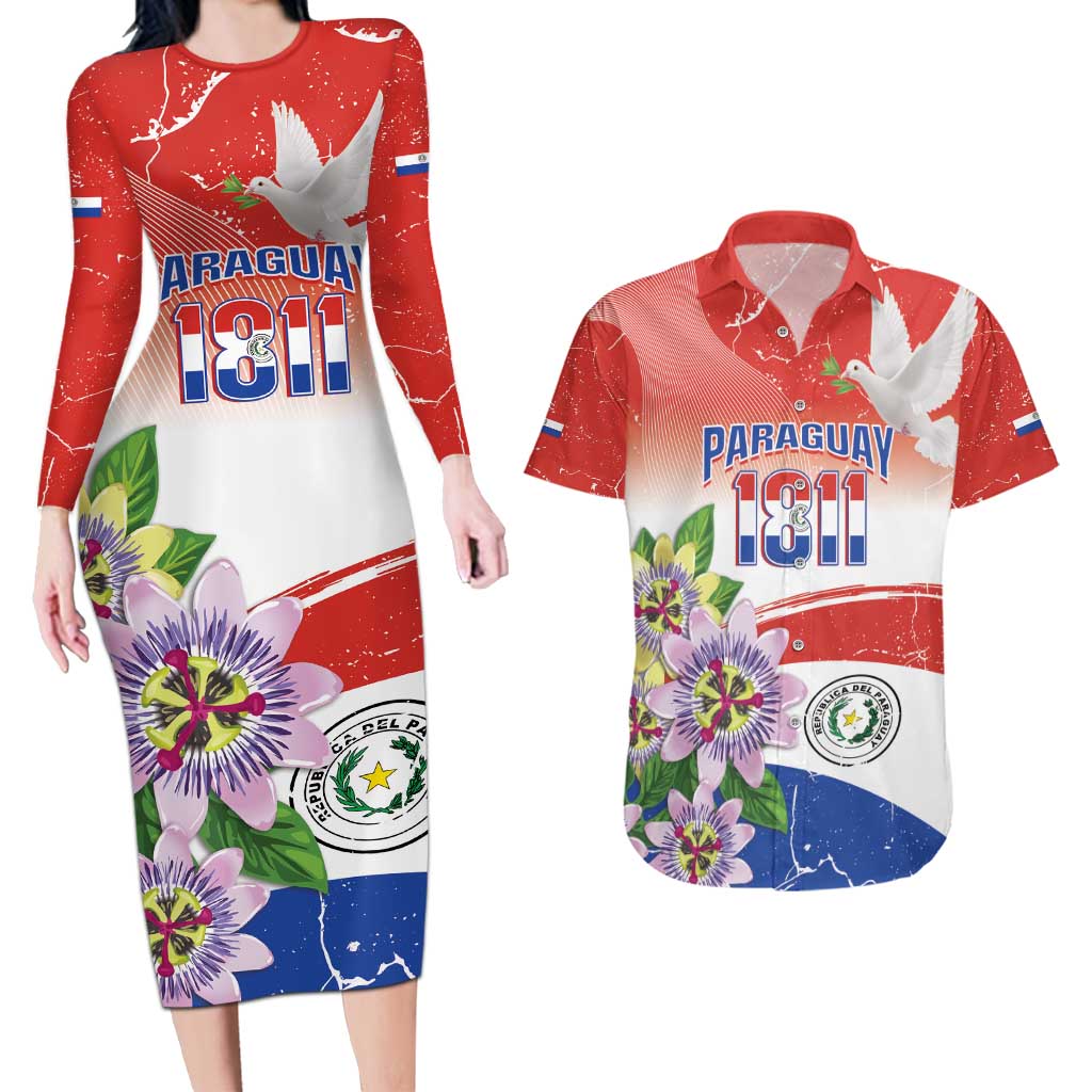 Paraguay 1811 Independence Day Couples Matching Long Sleeve Bodycon Dress and Hawaiian Shirt Grunge Flag Mix Passion Flowers
