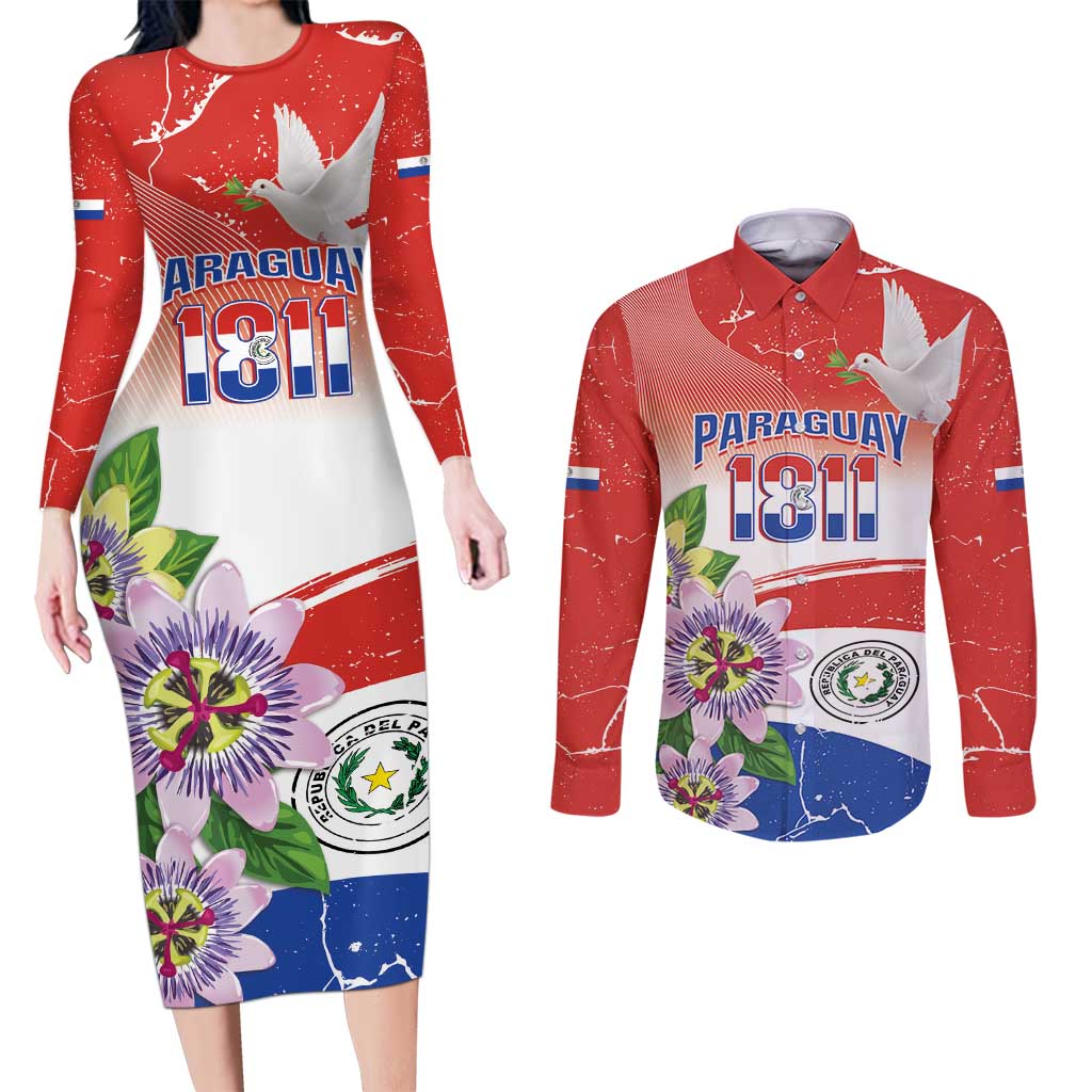 Paraguay 1811 Independence Day Couples Matching Long Sleeve Bodycon Dress and Long Sleeve Button Shirt Grunge Flag Mix Passion Flowers