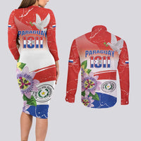 Paraguay 1811 Independence Day Couples Matching Long Sleeve Bodycon Dress and Long Sleeve Button Shirt Grunge Flag Mix Passion Flowers