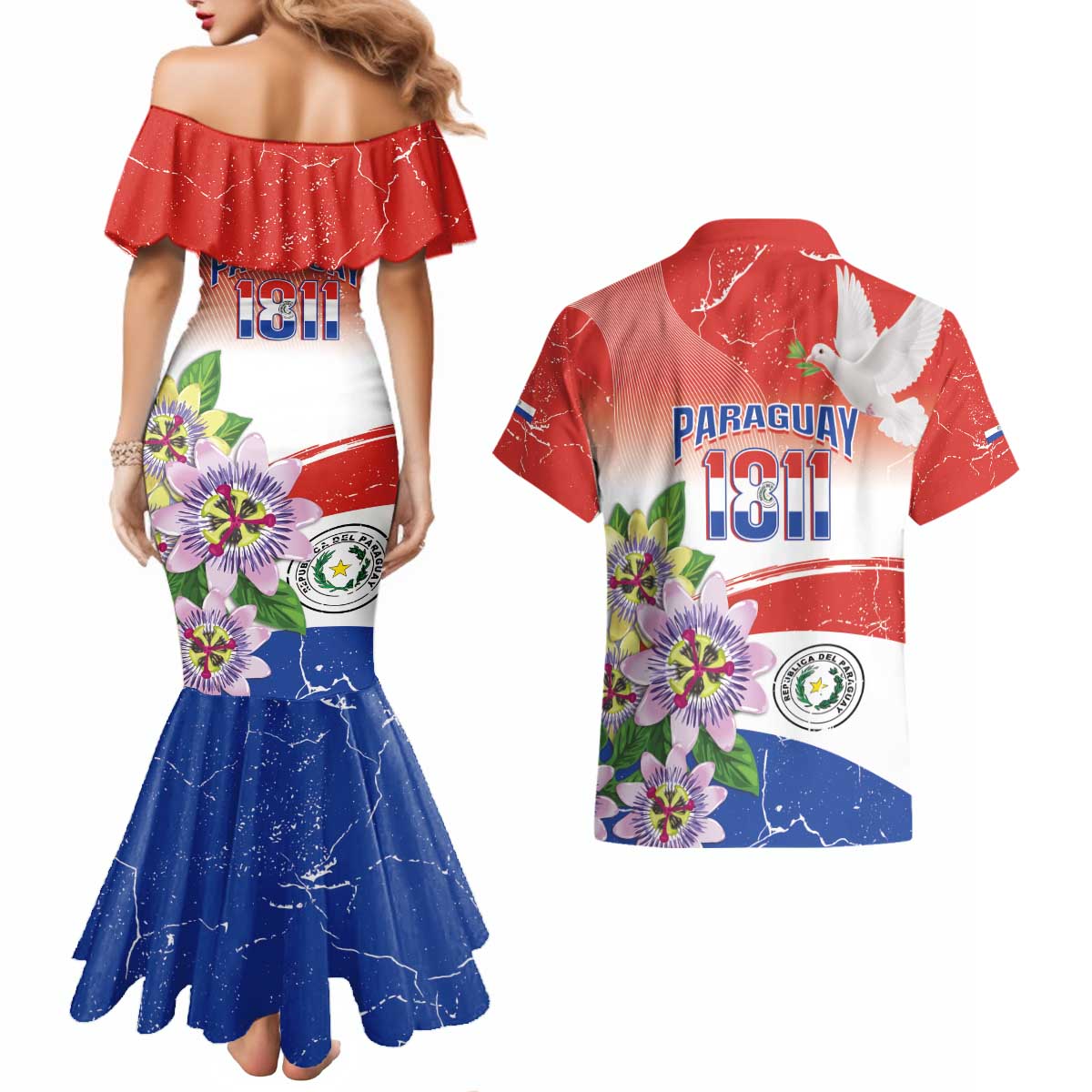 Paraguay 1811 Independence Day Couples Matching Mermaid Dress and Hawaiian Shirt Grunge Flag Mix Passion Flowers
