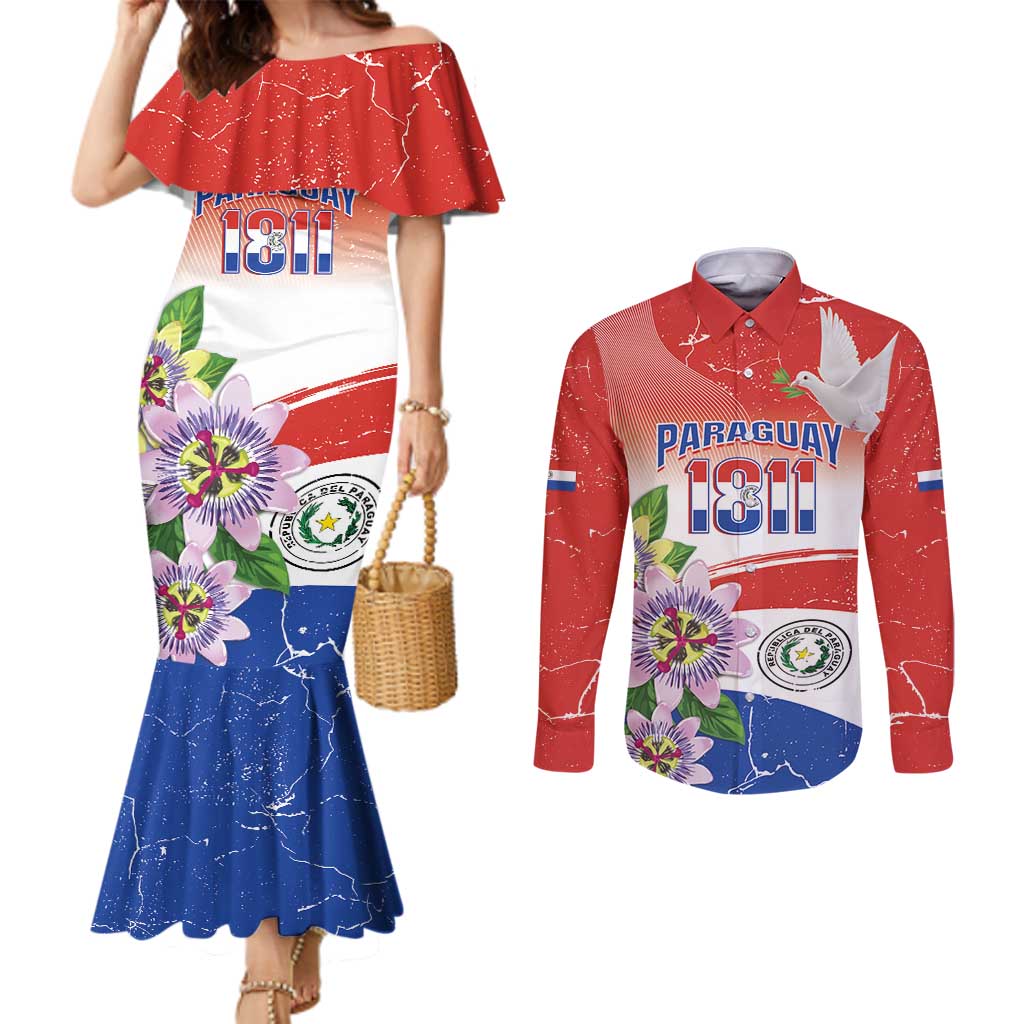 Paraguay 1811 Independence Day Couples Matching Mermaid Dress and Long Sleeve Button Shirt Grunge Flag Mix Passion Flowers