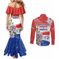 Paraguay 1811 Independence Day Couples Matching Mermaid Dress and Long Sleeve Button Shirt Grunge Flag Mix Passion Flowers